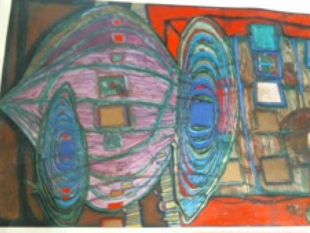 Friedenreich Hundertwasser Kunstdruck, Motiv Erinnerungen an das Bild 1960, Bild selbst ok,Ränder ab - 1